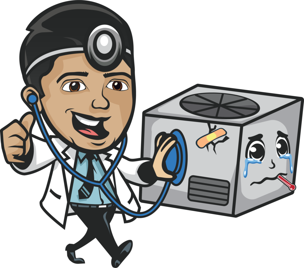 e+m emergency air conditioning graphic of doctor checking on sick hvac unit