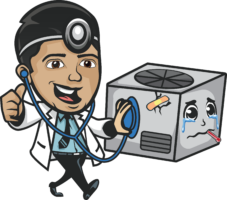 e+m emergency air conditioning graphic of doctor checking on sick hvac unit