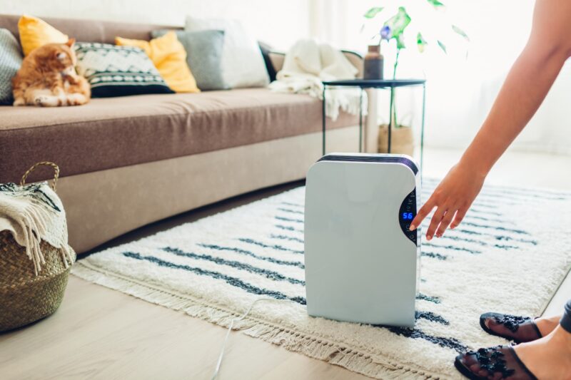 dehumidifier sitting on the rug of a living room floor in front of a couch while a womans hand reaches down to adjust the settings on it