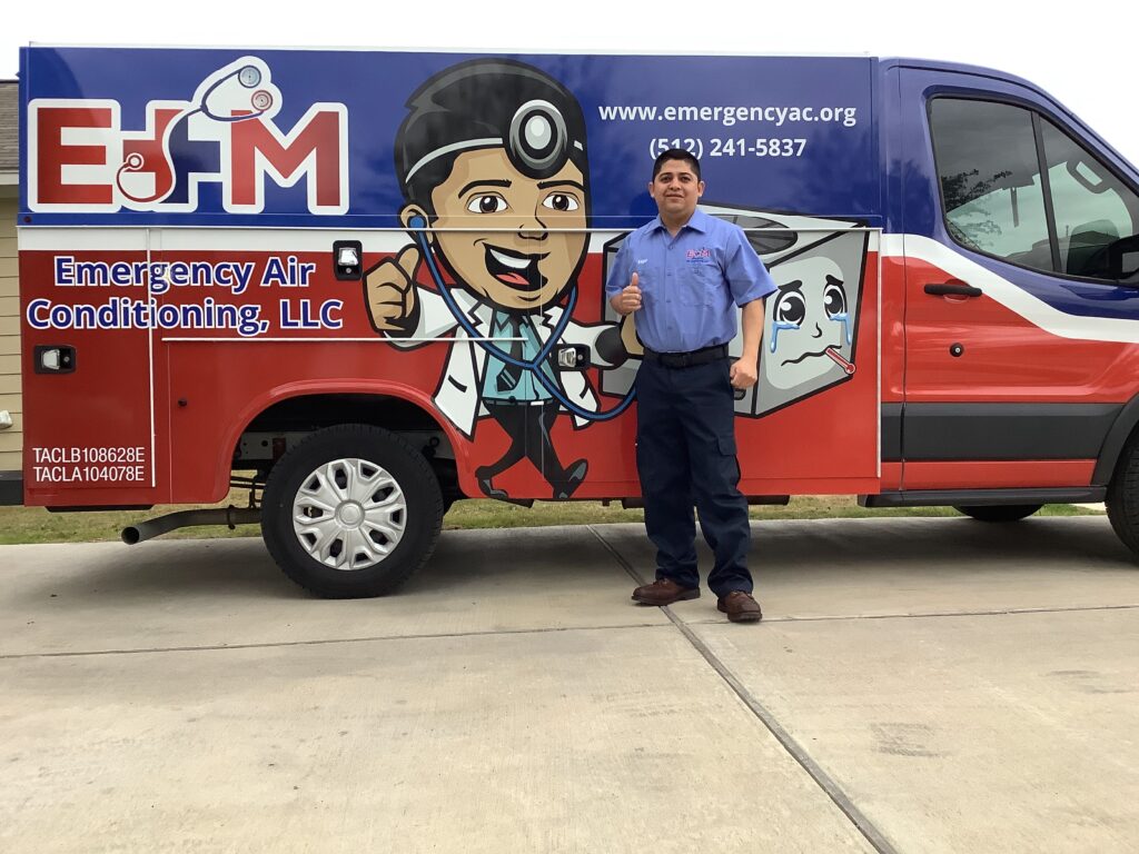 HVAC Technician with service vehicle parts available for AC cool and heat repairs
